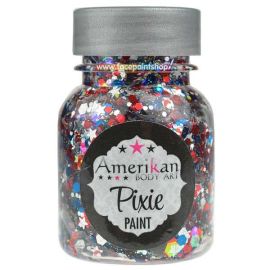 Amerikan Pixie Paint Star Spangled 

Pixie Paint is een mix van dikke en fijne glitters samen met aloe vera glitter gel. U kunt deze glitter gebruiken op het gezicht, lichaam en haar. Het is perfect voor Glitter Roots, leuke Pixie accenten op de wangen 